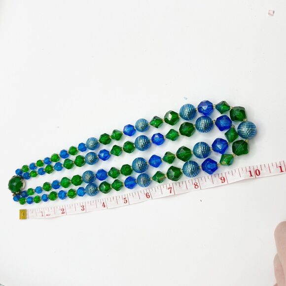 West Germany Vintage Blue Green Lucite Faceted Beaded Necklace 2 Strand MCM - Picture 7 of 16